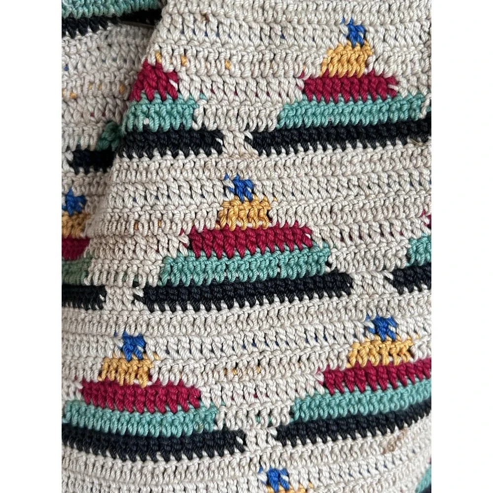 Vintage Tapestry Tight Knit Craft Bag Crochet Needlework Knitting Wood Handles - Picture 9 of 16